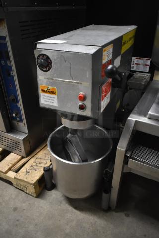 Varimixer W20 commercial 20-quart dough mixer with metal bowl and pastry paddle. 115 volts, 1 phase. Tested, working. Warning labels visible.