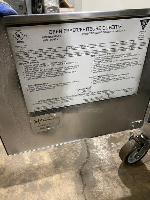 Henny Penny Evolution Elite Series commercial stainless steel natural gas triple bay fryer, model EEG-253, SN: NY1610012.