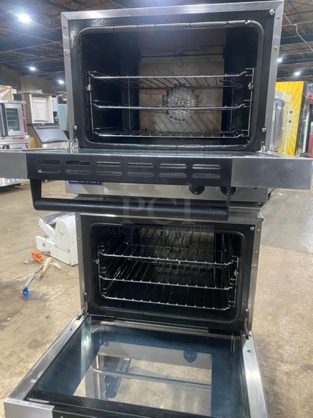 Moffat Turbofan E23M3 stainless steel double-stacked convection oven, wired rack, with cart, model SN: 2265942, 220-240V, on casters.