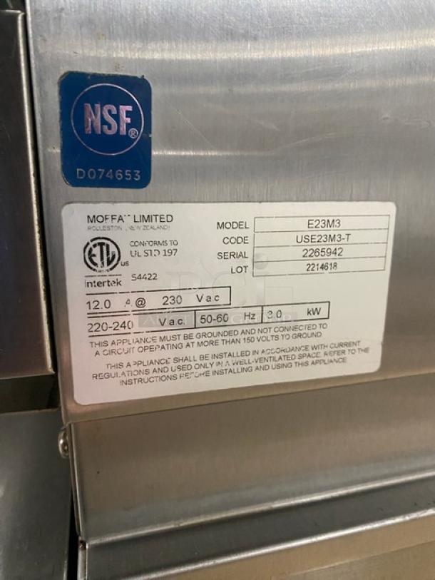Moffat Turbofan E23M3 convection oven label showing model, serial number 2265942, 220-240V, NSF and ETL certifications.