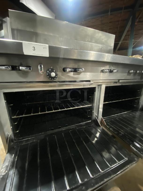 Garland commercial stainless steel gas 10-burner range with double oven, backsplash, wired oven rack, on casters.