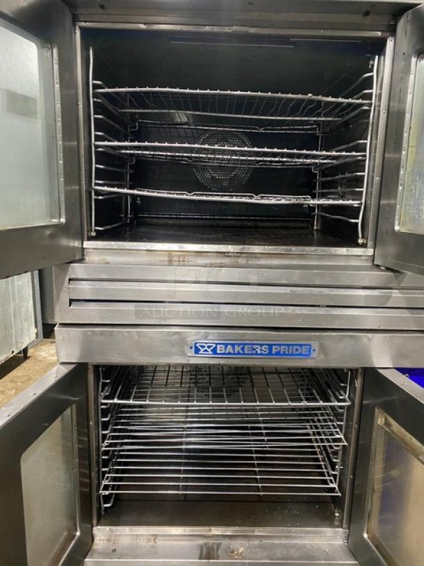 Bakers Pride Cyclone Series stainless steel double convection oven, model CO11-G1, with wired racks and casters, good condition.