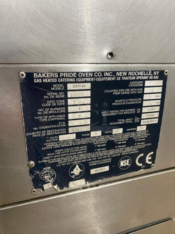 Bakers Pride Cyclone model CO11-G1 commercial convection oven data plate showing specifications and certifications.