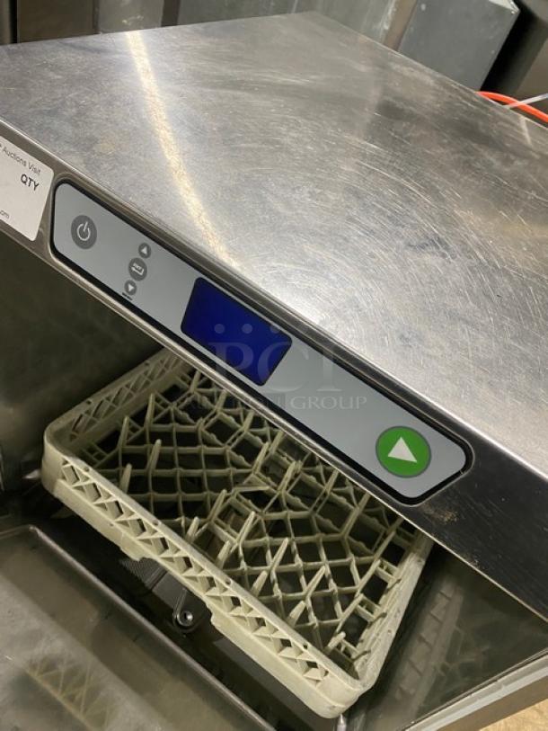 Hobart LXEH stainless steel undercounter dishwasher, electric powered, includes full-size peg rack. Modern controls visible.