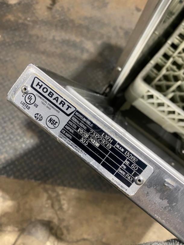 Hobart LXEH commercial dishwasher, stainless steel, undercounter model with full-size peg rack, serial 231229219, 120/208-240V, 1 phase.