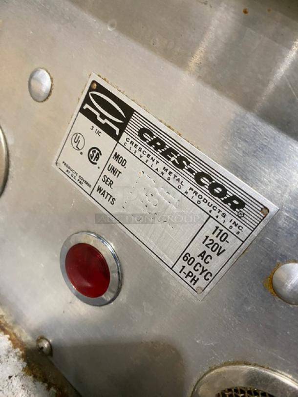 Cres-Cor single section heated holding/proofing cabinet, 110-120V, 1 phase, with built-in pan slides, UL listed, on casters.