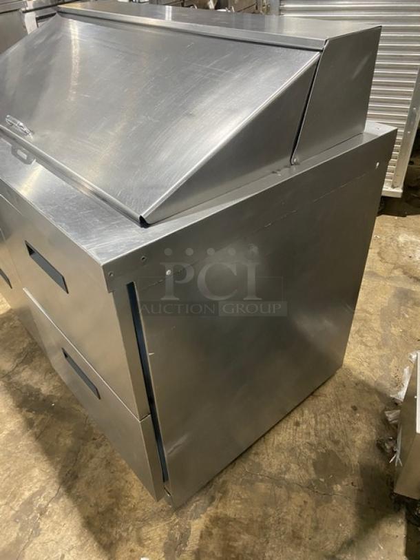 Delfield stainless steel 4-drawer refrigerated Bain Marie prep table, Model D4448N-18M, in good condition, ideal for commercial use.