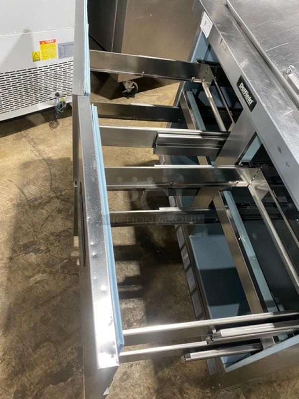 Delfield Commercial Stainless Steel 4 Drawer Refrigerated Prep Table, Model D4448N-18M, SN BJP549382-T, 115V, open drawers shown.