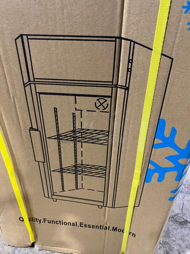 ProCool T-80L display fridge in packaging. Features: single glass door, countertop design. New condition, black finish.