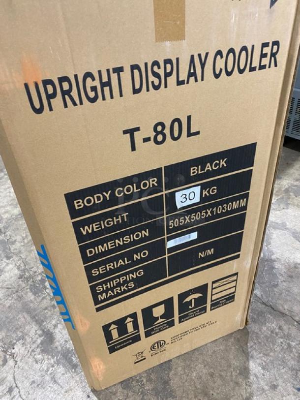 ProCool T-80L commercial display refrigerator in box, black, single glass door, 30kg, 505x505x1030mm dimensions.