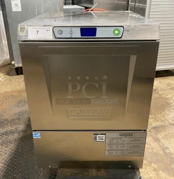 Hobart LXEH stainless steel dishwasher, undercounter model, high-temp, with full-size peg rack, 120/208-240V, 1 phase.