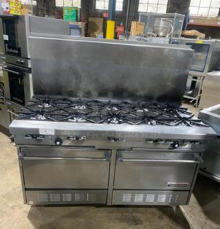 Garland commercial stainless steel gas 10-burner range with double oven, backsplash, wired oven rack, and casters.