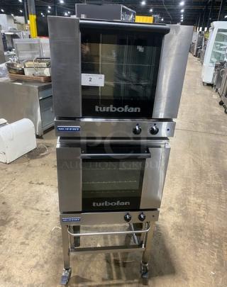 Moffat Turbofan E23M3 double stacked half-size convection oven, stainless steel, wired rack, pan stand, on casters.