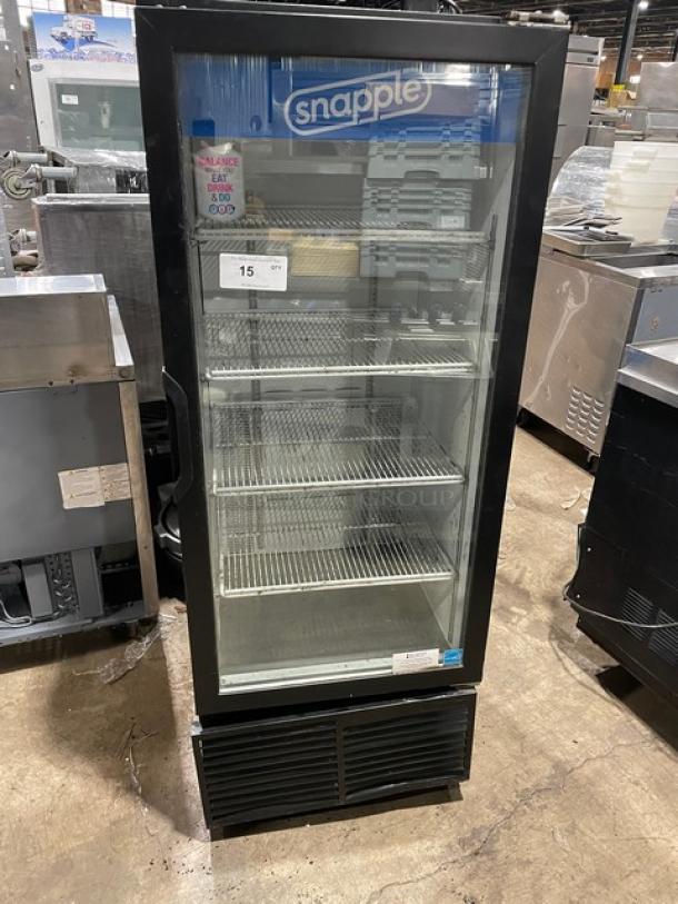 Habco Snapple-style commercial glass door merchandiser refrigerator, model ESM12, with poly-coated wire rack, Energy Star certified.