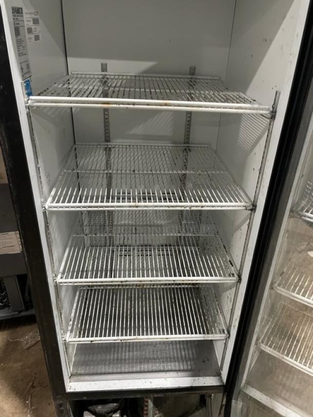 Habco ESM12 Snapple style glass swing door merchandiser refrigerator with poly coated wire racks. Energy Star certified.