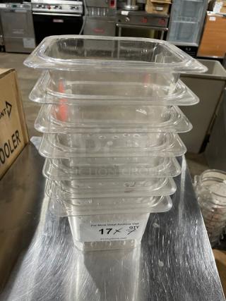 NEW Cambro Camwear 1/6-size 5" colander pan, Model 65CLRCW135, clear plastic, stack of seven, commercial-grade, new condition.