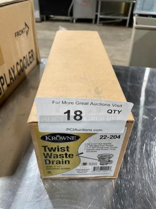 Krowne 22-204 Twist Lever Waste Drain in box with stainless steel strainer, flange, handle, and 1.25" overflow outlet.