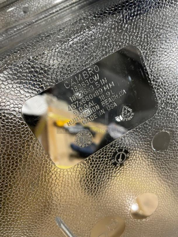 NEW Cambro 18263CW clear polycarbonate food storage container, 18"x26"x3.5". Made in USA. 12 Gal capacity.