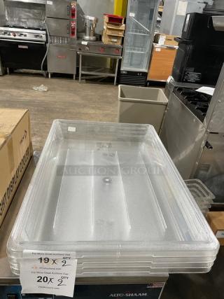 Cambro 18263CW clear polycarbonate food storage container, new, 18"x26"x3.5", stackable, ideal for commercial use.