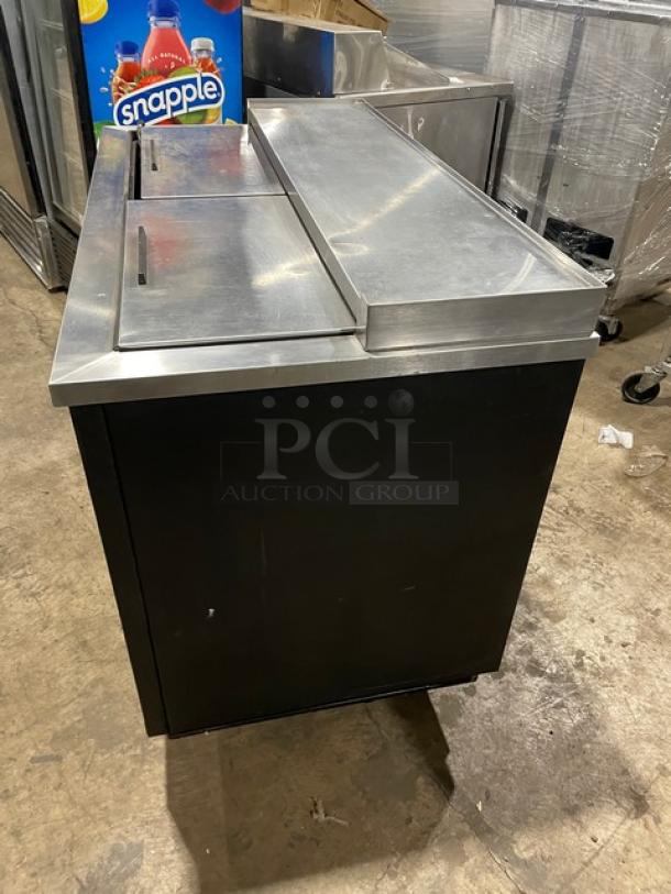 Beverage-Air DW49 50" bottle cooler, black powder-coated, stainless steel worktop, double easy-slide lids, 115V 1 phase.