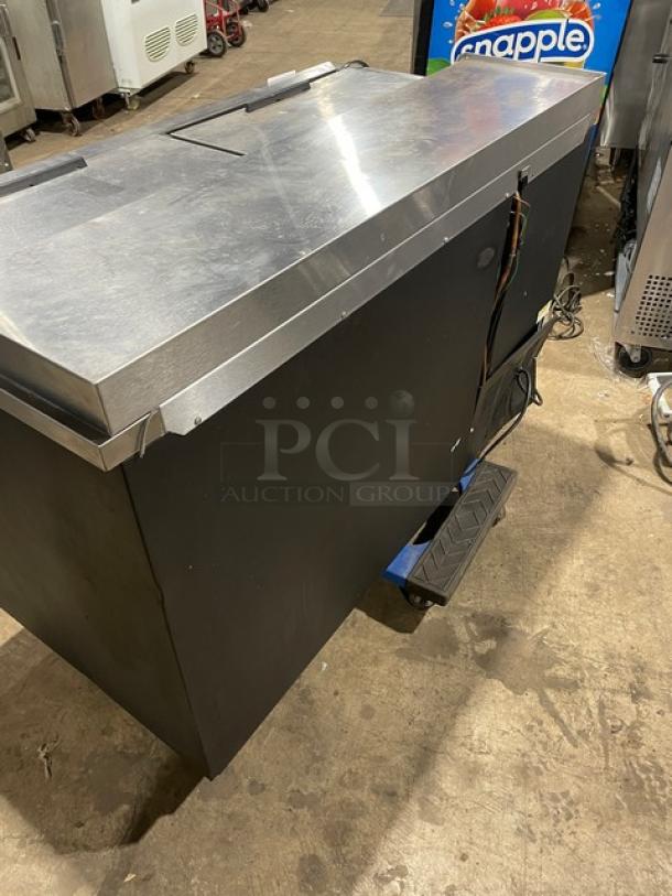 Beverage-Air DW49 commercial 50" black bottle cooler with stainless steel worktop and double sliding lids, 115V, 1 phase.