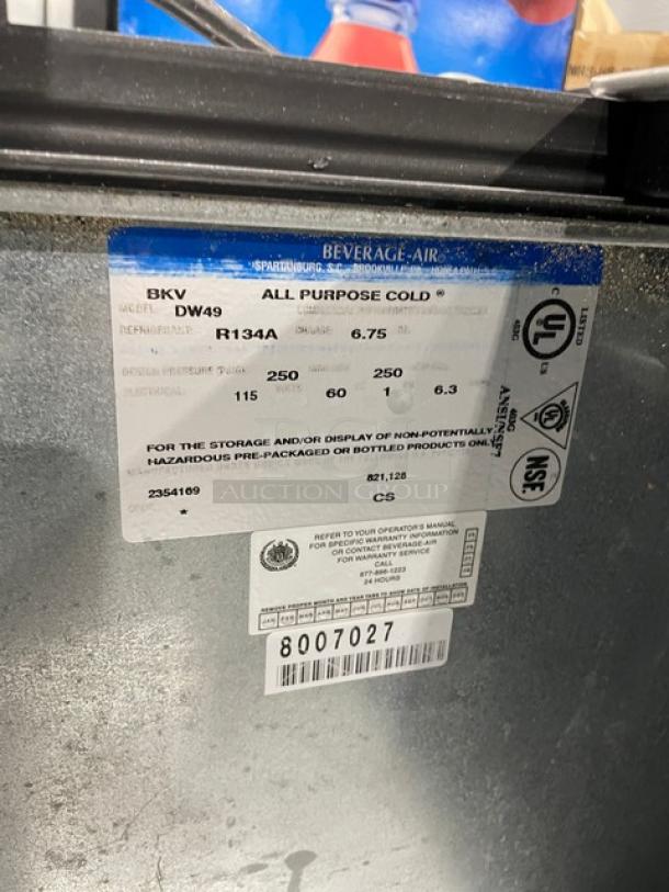 Beverage-Air DW49 bottle cooler label, model DW49, SN 8007027. Details include 115V, 1 phase, R134A refrigerant, safety certifications.