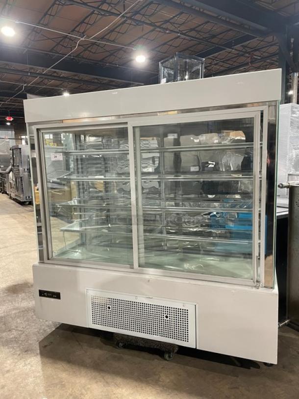 Commercial white multi-tier refrigerated bakery display, Model ZSG-LLQ18, with double glass sliding doors, 220V.