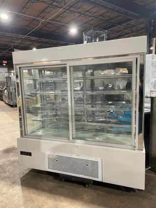 Commercial white multi-tier refrigerated bakery display, Model ZSG-LLQ18, with double glass sliding doors, 220V.