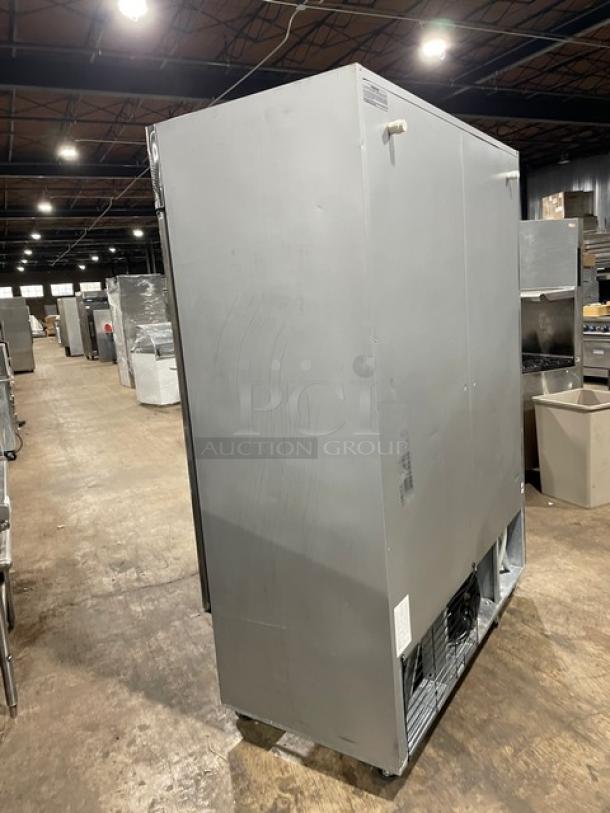 Fogel CR49SDF stainless steel 2-door reach-in freezer, with poly-coated wire racks, on casters, 115V, 1 Phase.