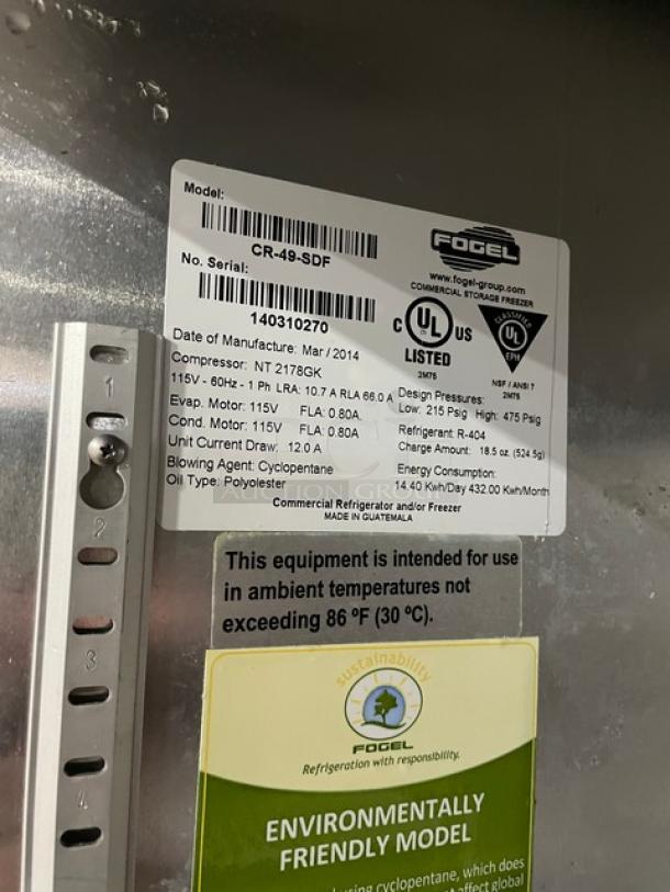 Fogel CR-49-SDF stainless steel 2-door reach-in freezer with poly-coated wired rack. Model: CR-49-SDF, SN: 140310270, 115V, on casters.