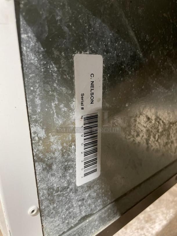 Commercial white ice cream dipping cabinet, curved glass, rear lift-open access, serial number N1902303 on label.