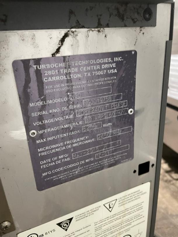 TurboChef NGO 2015 Rapid Cook Oven, electric, countertop model, digital controls, serial NGOD19758, 208/240V 1-phase.