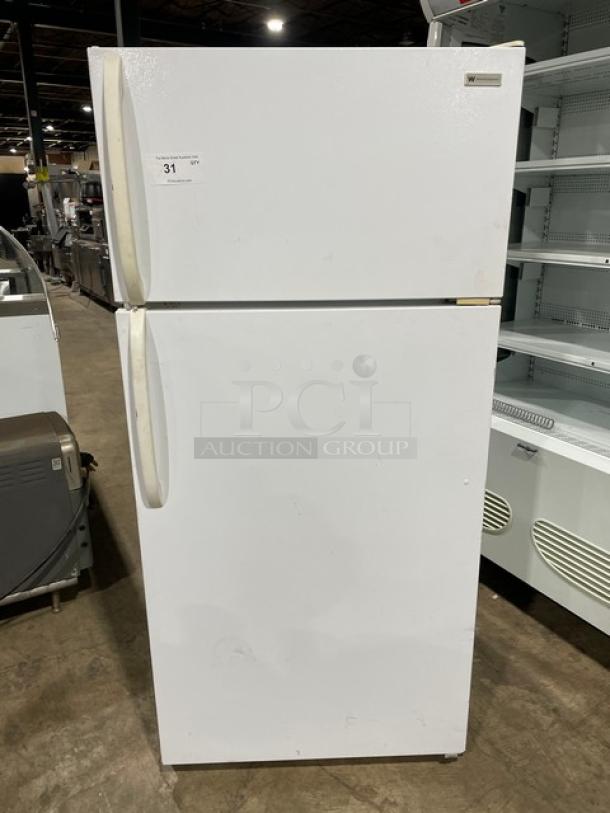 Commercial white top-freezer/refrigerator combo Model MRT18DNEWO with poly-coated wire racks and pull-out drawers. 115V.