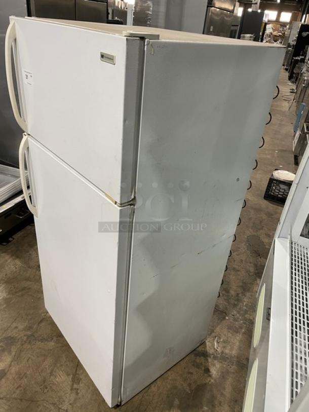 Commercial white top-freezer/refrigerator combo, Model MRT18DNEWO, with poly coated wire racks, pull-out drawers, 115V.