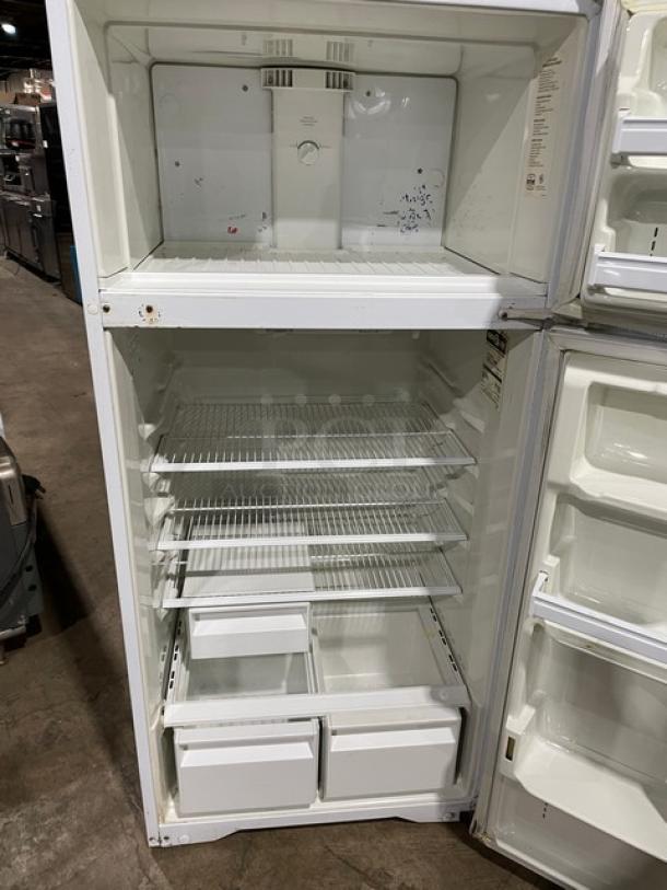 Commercial white top-freezer/refrigerator combo with poly coated wire racks and pull-out drawers, Model MRT18DNEWO.