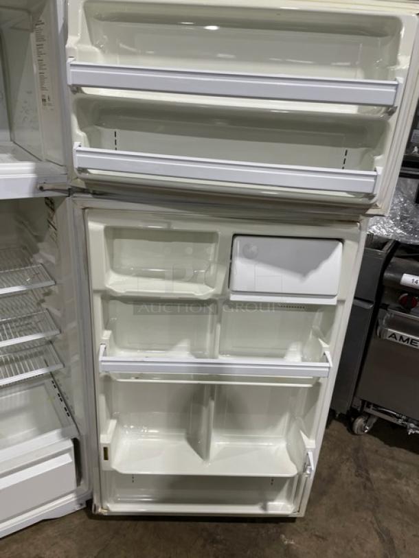 Commercial white top-freezer refrigerator combo, Model MRT18DNEWO, with poly-coated wire racks and pull-out drawers.