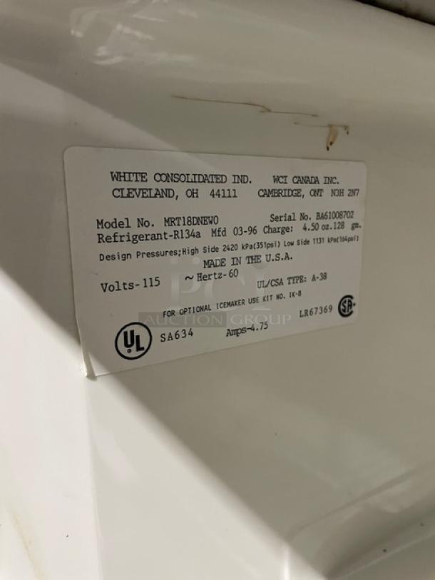Commercial white top-freezer/refrigerator with poly-coated wire racks and pull-out drawers, Model MRT18DNEWO, SN BA61008702, 115V.