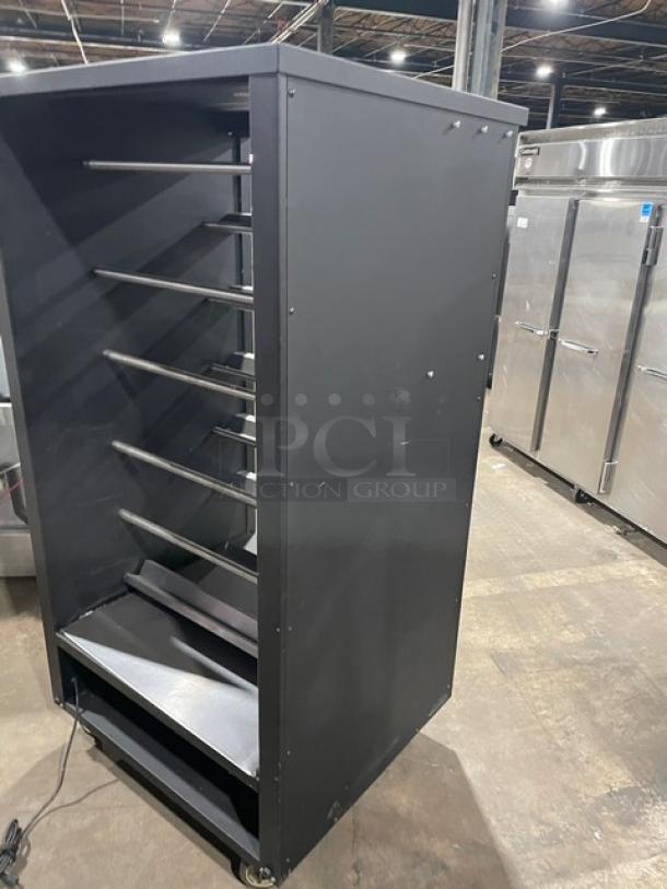 Vulcan black 5-tier lighted donut display, model 1013776, stainless steel interior, enclosed storage, on casters, 120V.