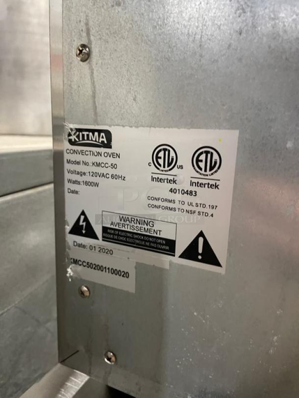 Kitma KMCC-50 convection oven label, showing model, voltage 120VAC, wattage 1600W. Marked with ETL and Intertek logos.