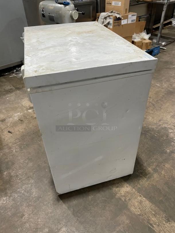 Vissani 2022 commercial white 32" chest freezer, model MDCF7WH. Manual defrost, 115V. Condition: used, working when removed.