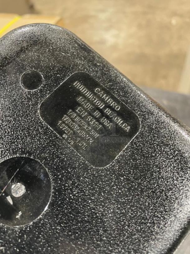 NEW Cambro commercial black food pan, 1/6-size, 2.5" deep. Label shows "Made in USA, NSF" details. Mint condition.