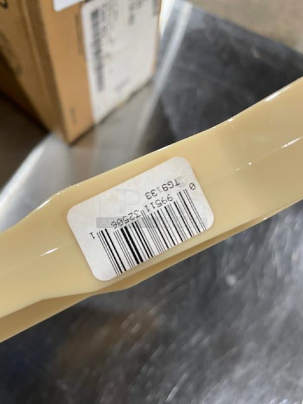 NEW Cambro Commercial Beige 9" Flat Serving Tongs, Model TG9133, with barcode for easy inventory management.