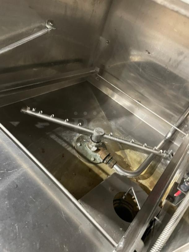 American Dish Service ET Series commercial stainless steel undercounter dishwasher, model SN: WWS080206, 120V, interior view.