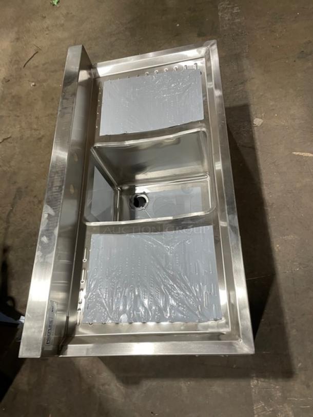 Prepline stainless steel underbar handwashing sink, model BAR-1C-LR. Single compartment, side drain boards, 3" backsplash. New condition.