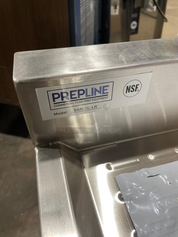 Prepline commercial stainless steel underbar sink, model BAR-1C-LR, with side drain boards and NSF label, new condition.