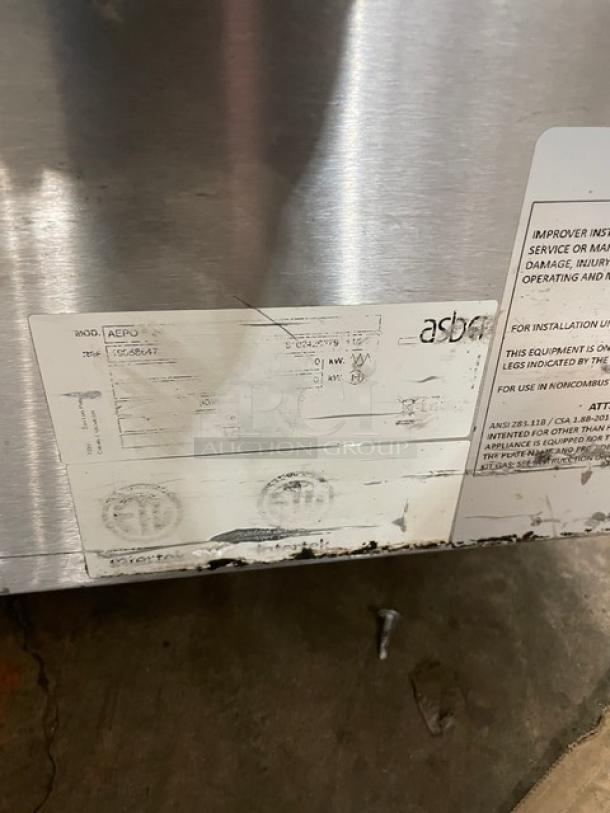 Asber AEPO Series stainless steel countertop pizza deck oven, 220-240V, on legs, visible model label.