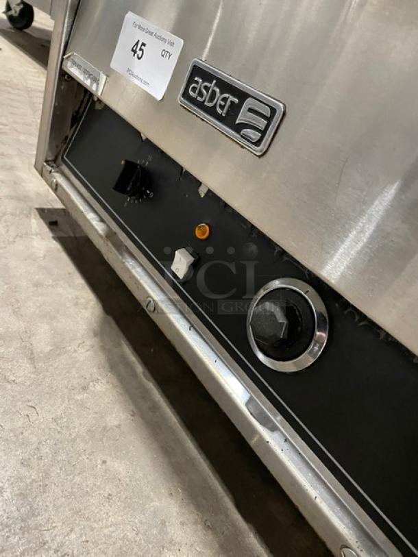 Asber AEPO Series stainless steel countertop pizza deck oven, electric, 220-240V, on legs, control panel visible.