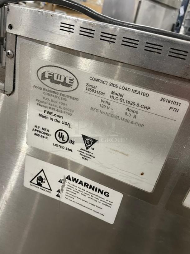 FWE stainless steel electric warming cabinet, model HLC-SL1826-8-CHP, 120V, with wired racks and casters, UL listed.