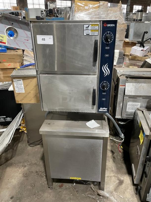 Groen HyPer-Steam Series HY-6E electric double compartment convection steamer, stainless steel, individual controls, pan racks, on bullet feet legs, 208V.