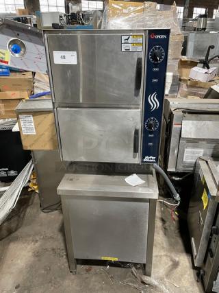 Groen HyPer-Steam Series HY-6E electric double compartment convection steamer, stainless steel, individual controls, pan racks, on bullet feet legs, 208V.